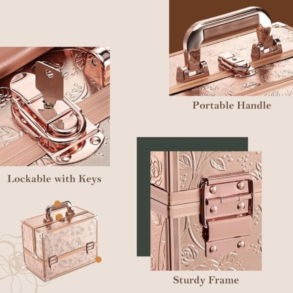New 11.8In Rose Gold Makeup Case with Mirror, Portable Cosmetic Organizer Box - Picture 7 of 9
